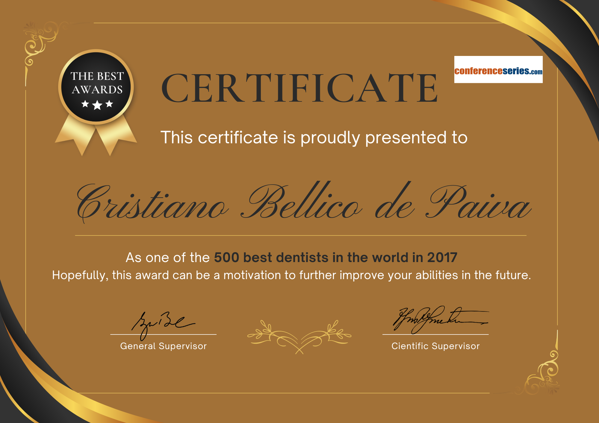 Certificado 500 Melhores Dentistas do Mundo 2017